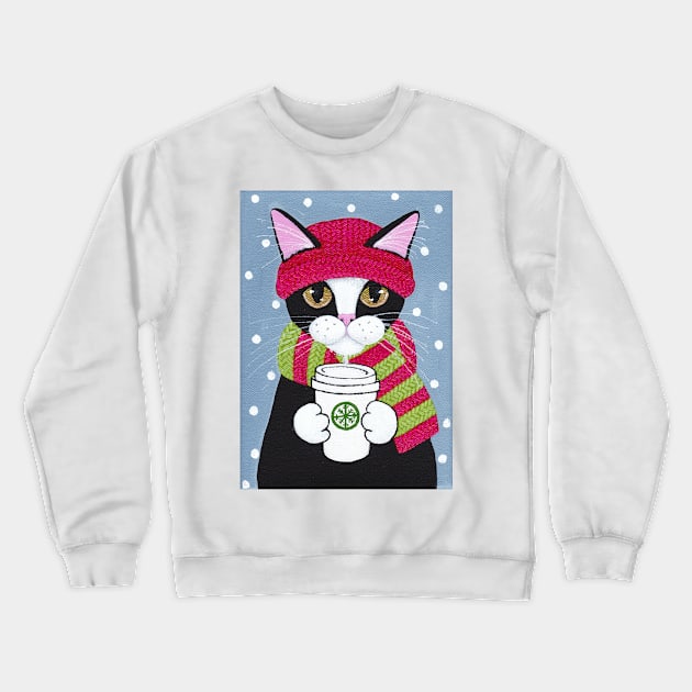 Winter Coffee Tuxedo Cat Crewneck Sweatshirt by KilkennyCat Art